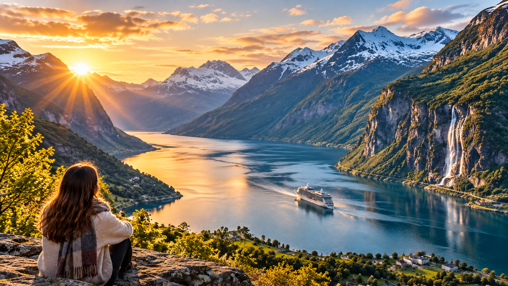 Boggetto Viaggi – Immagine di copertina con paesaggio panoramico, viaggiatrice e nave da crociera